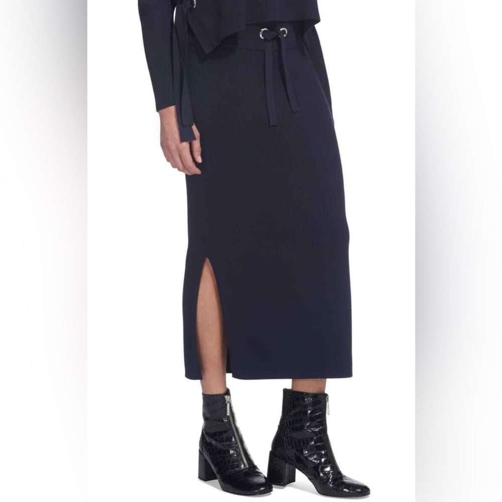 NWT Whistles Navy Tie Front Knitted Midi Skirt Size Medium Soft Touch Fabric